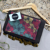 Brown Handloom Khadi Cotton Saree With Multi Flower Print Blouse